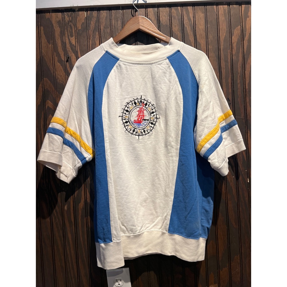 Vintage Kenny Rogers Nautical Short Sleeve Sweatshirt White Blue Embroidered L